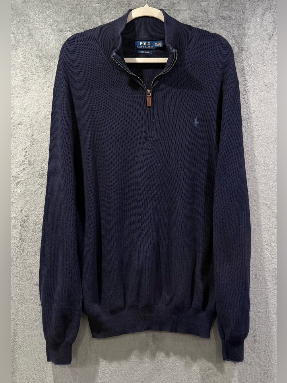 Polo Ralph Lauren Sweater Mens 2XL Blue 100% Pima Cotton Waffle Knit 1/4 Zip